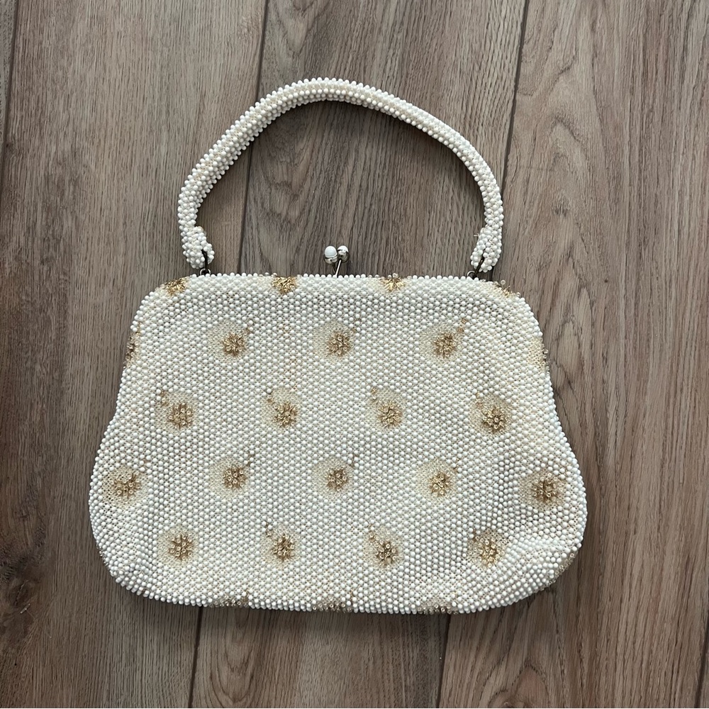 Vintage Corde Bead White Gold Beaded Evening Bag Wedding Purse